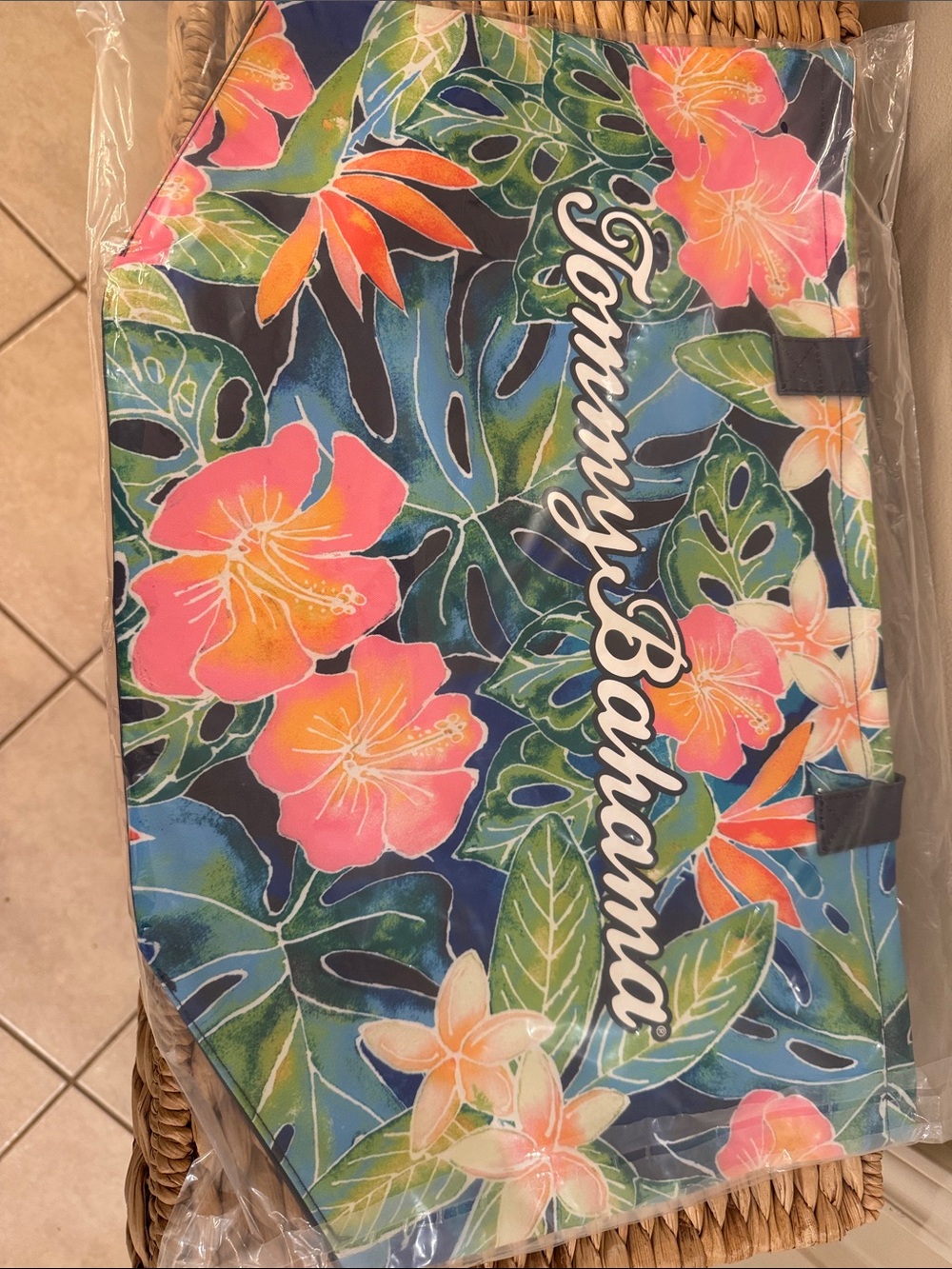 Tommy Bahama Navy Floral Tropical Tote with Pink and Green Accents